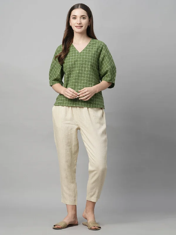 Women's Green Cotton Linen Regular Fit Blouse Office Formal Blouse