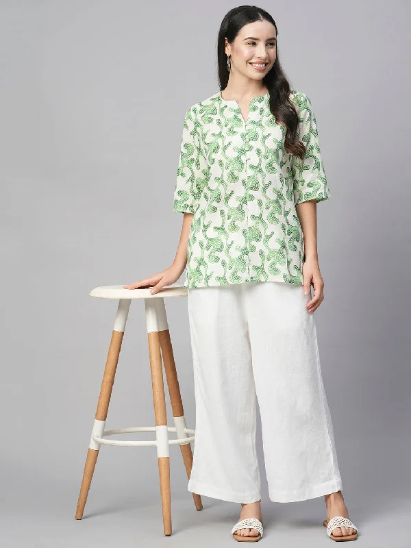 Women's Green Cotton Flax Regular Fit Blouse Embroidered Floral Blouse