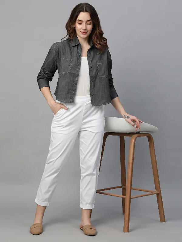 Women's Grey Cotton Regular Fit Blouse Feminine Ruffle Blouse