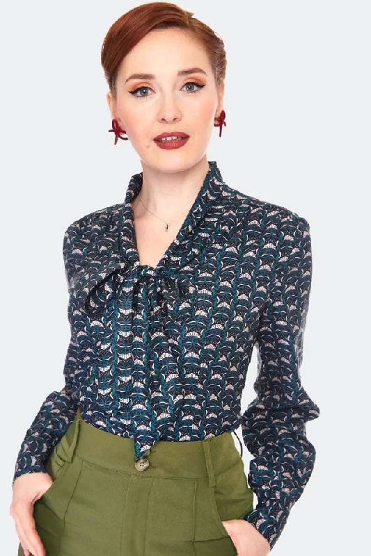 Printed Long Sleeve Pussybow Blouse Feminine Tie Blouse