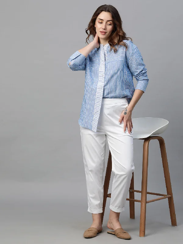 Women's Blue Linen Regular Fit Blouse Relaxed Fit Blouse