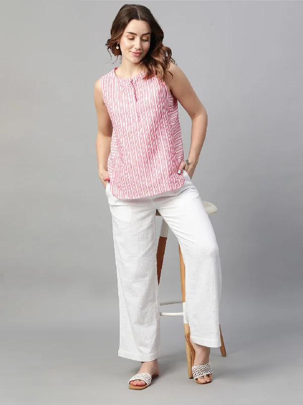 Women's Red Linen Regular Fit Blouse Chic Sleeveless Blouse