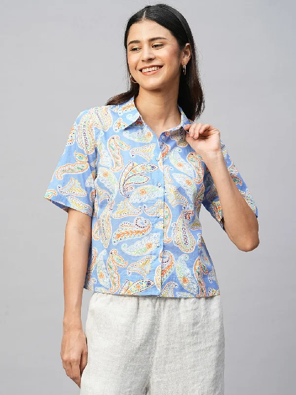 Women's Blue Cotton Regular Fit Blouse Floral Print Blouse