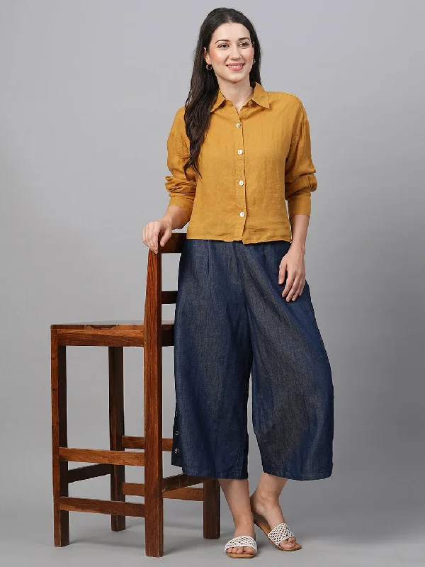 Women's Mustard Linen Boxy Fit Blouse Feminine Satin Blouse