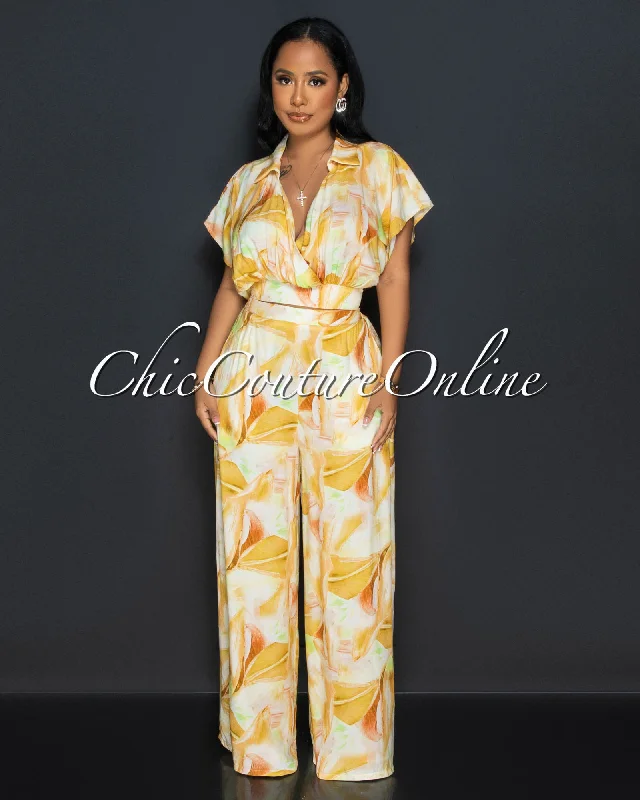 Dorothy Mustard Print Crop Blouse & Wide Pants Set Soft Modal Blouse