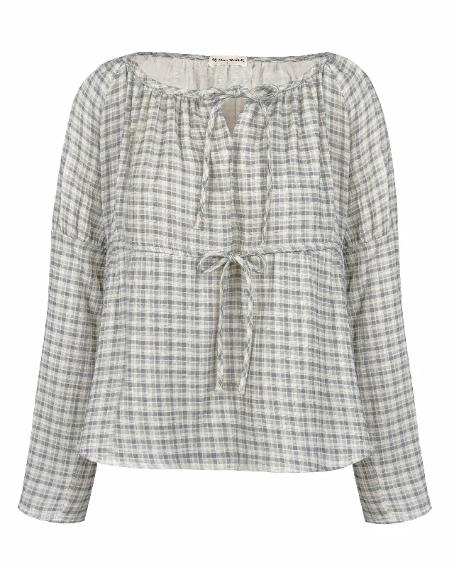 Gauze Long Sleeve Blouse - Faded Blue Check Polished Work Blouse