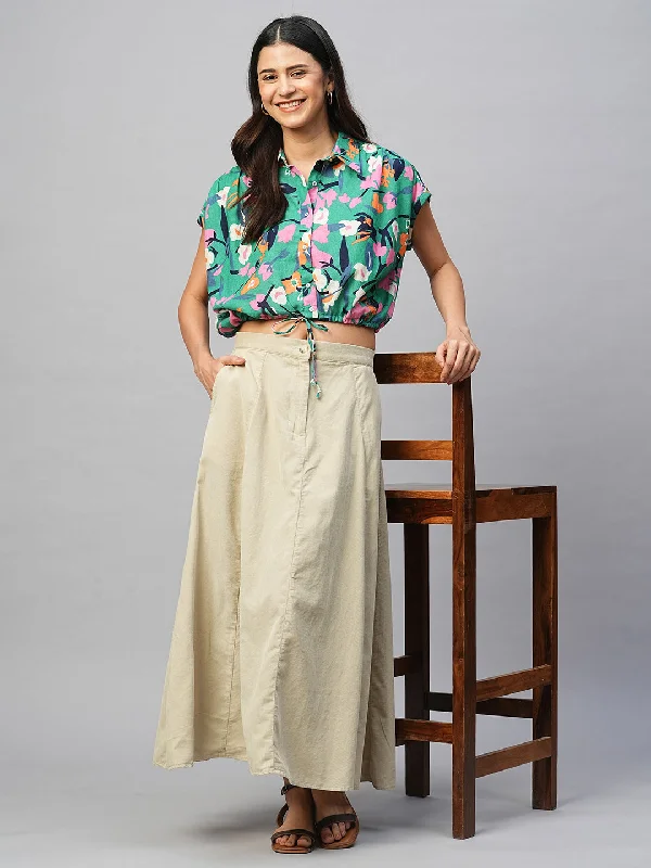 Women's Teal Cotton Flax Boxy Fit Blouse Double Button Blouse