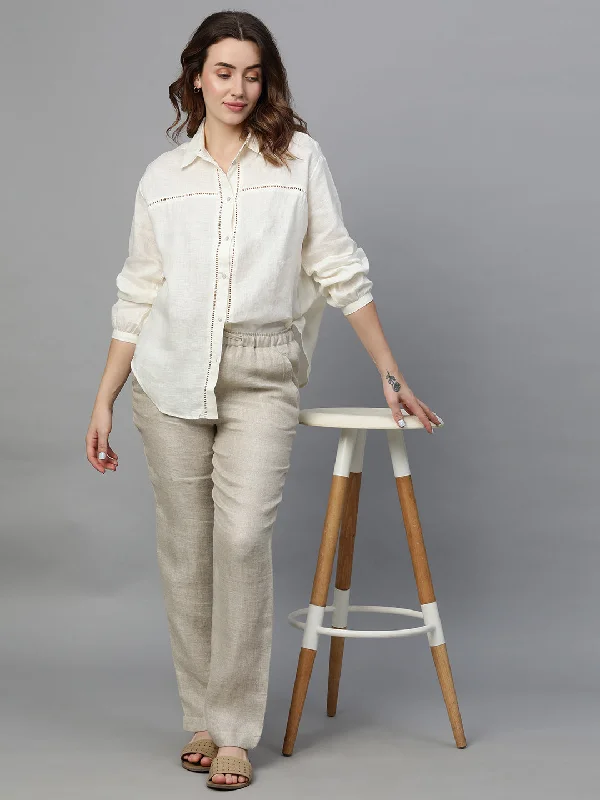 Women's Offwhite Linen Loose Fit Blouse Subtle Shimmer Blouse
