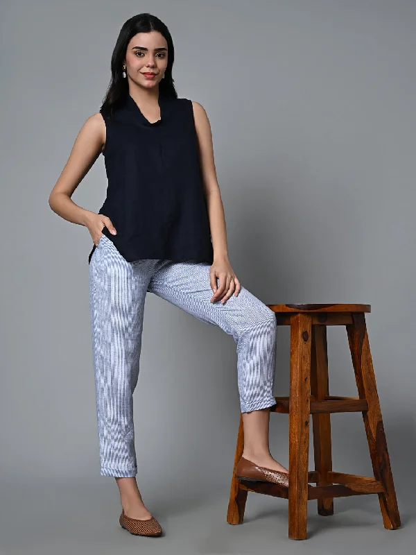 Women's Navy Linen Regular Fit Blouse Floral Chiffon Blouse