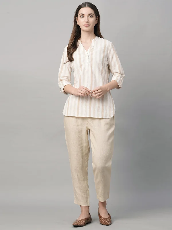 Women's Beige Cotton Linen Regular Fit Blouse Silky Tunic Blouse