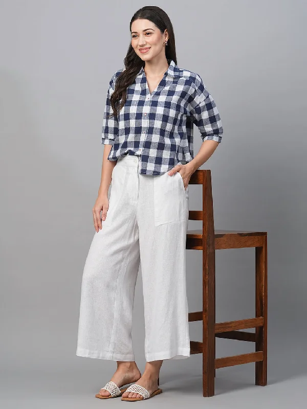 Women's Navy Cotton Linen Boxy Fit Blouse Feminine Tie Blouse