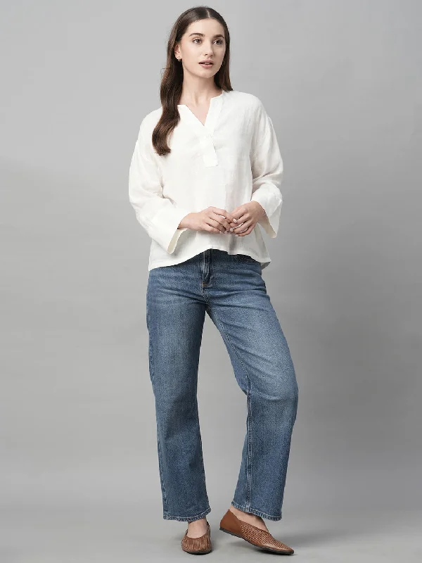 Women's White Linen Boxy Fit Blouse Romantic Lace Blouse