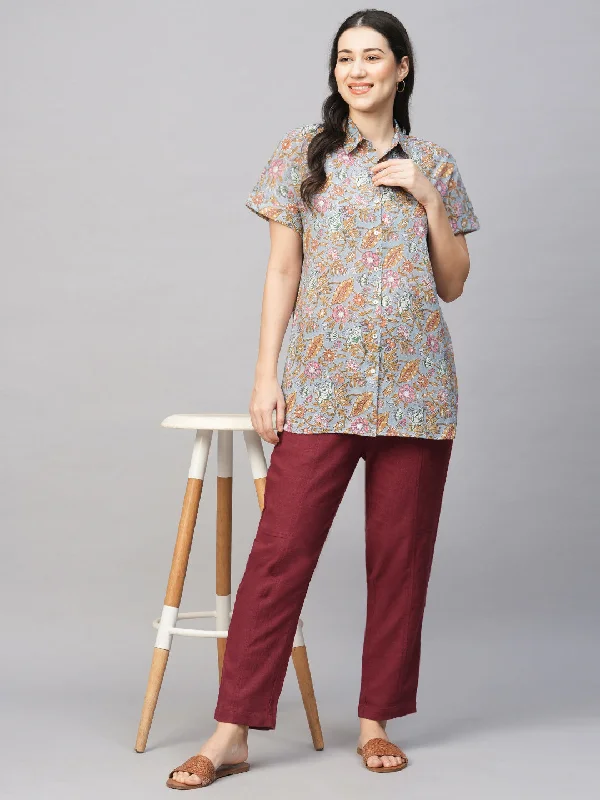 Women's Grey Cotton Regular Fit Blouse Floral Print Blouse