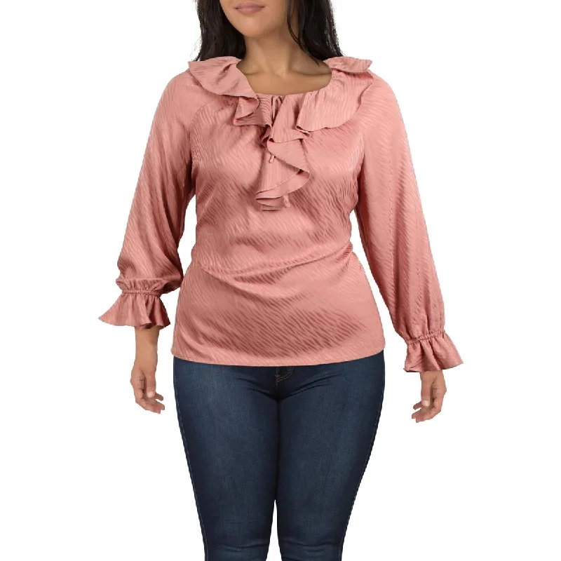 Tonal Wave Womens Ruffled Jacquard Blouse Backless Summer Blouse