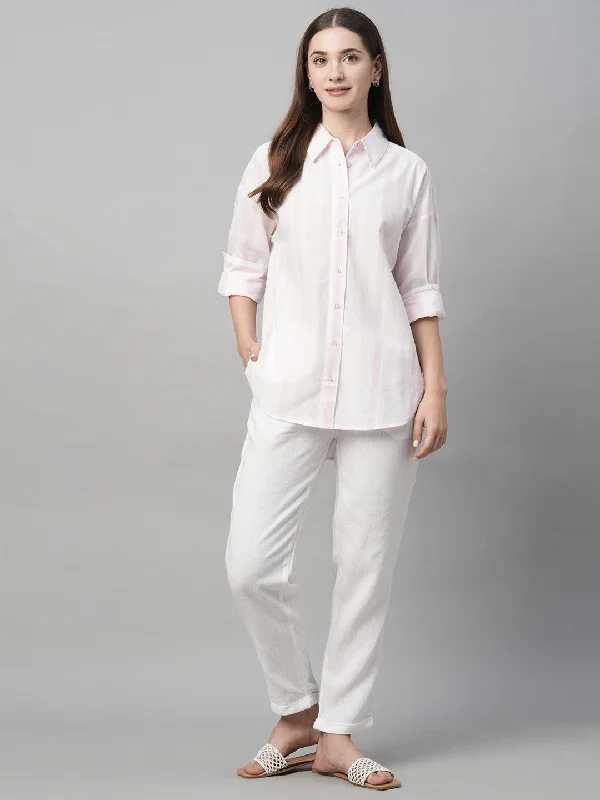 Women's Pink Cotton Linen Boxy Fit Blouse Pleated Collar Blouse