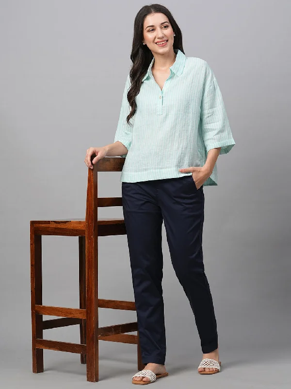 Women's Blue Linen Boxy Fit Blouse Balloon Sleeve Blouse