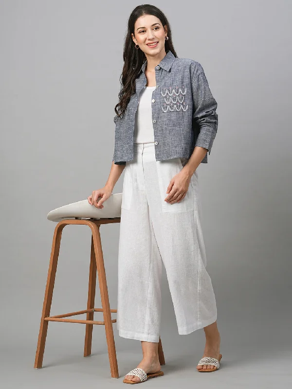 Women's Blue Cotton Boxy Fit Blouse Mandarin Collar Blouse