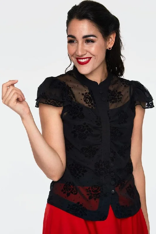 Beza Black Floral Blouse Embellished Collar Blouse