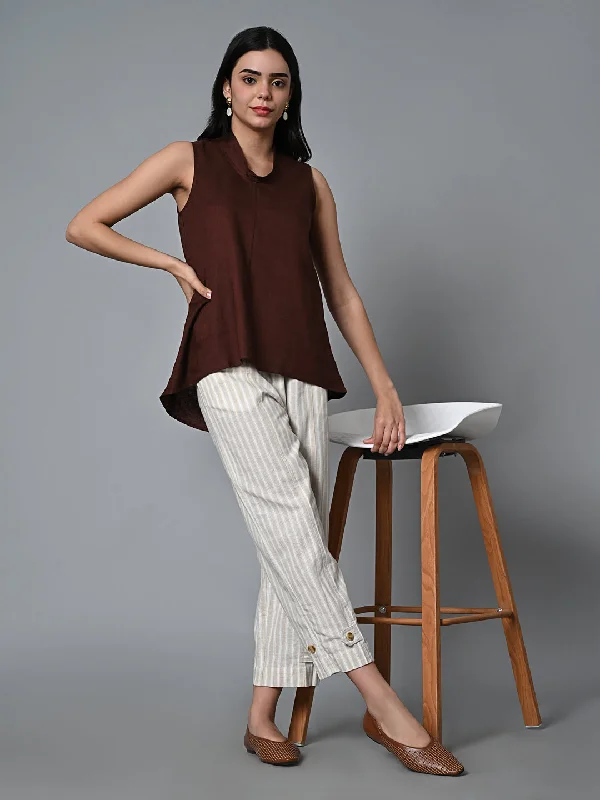 Women's Brown Linen Regular Fit Blouse Modern Work Blouse