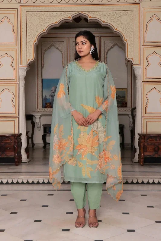 Vaasva Women Teal Green Tabby Slik Print & Embroidered Kurta, Pant & Dupatta set Stylish Casual Pants