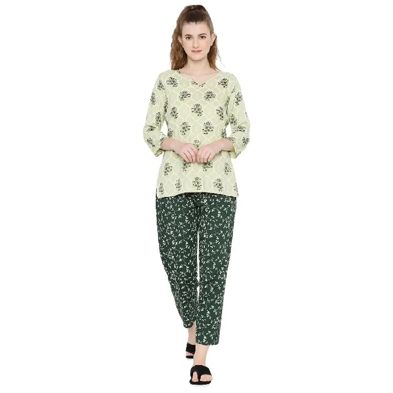 Smarty Pants Women's Cotton Green Color Floral Print Night Suit Casual Sweatpants Style