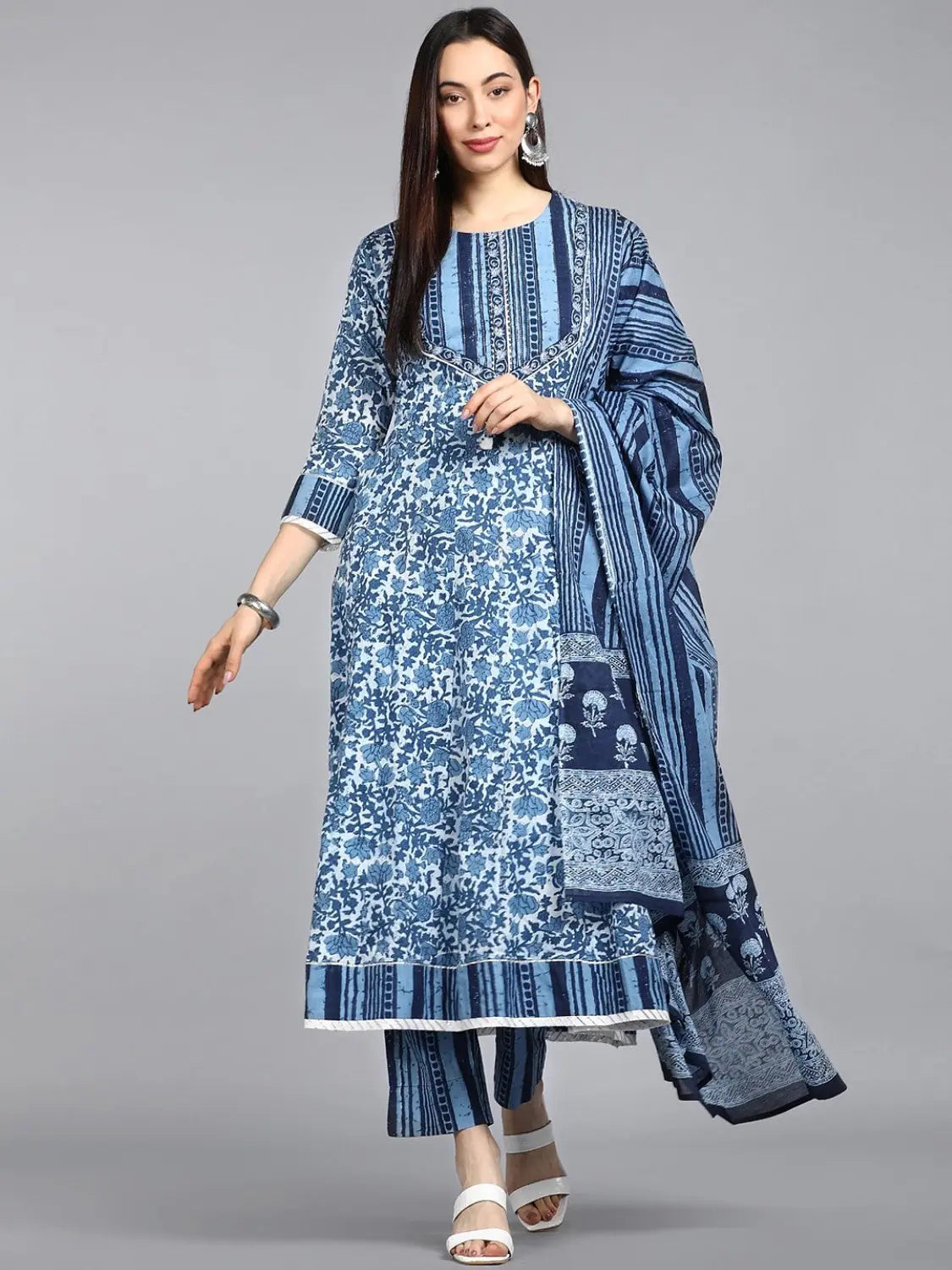 Ahika Cotton Printed Kurta Pant Dupatta Set-VKSKD1170E_L Trendy Work Pants