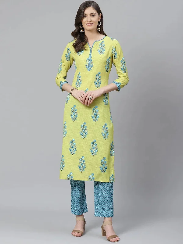 Ahika Women Yellow Poly Crepe Printed Straight Kurta Pant Set Soft Sweatpants Style