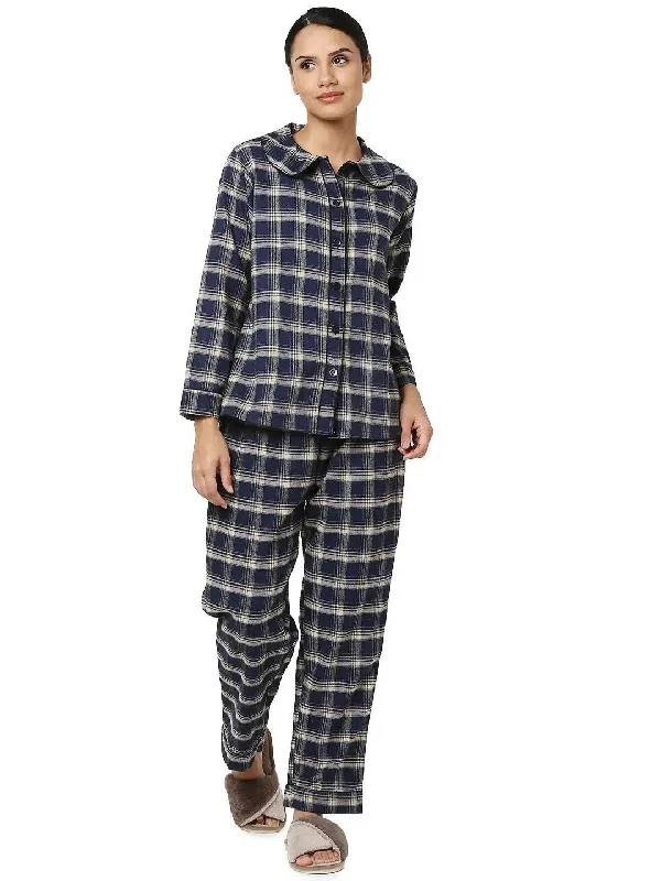 Smarty Pants Women's Brush Cotton Navy Blue Color Checks Night Suit-SMNSP-769B-S Stretch Fit Pants