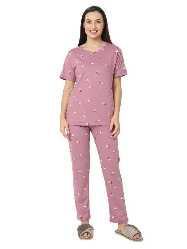 Smarty Pants Women's Cotton Lycra Rose Pink Color Floral Print Night Suit Comfortable Wide-Leg Pants