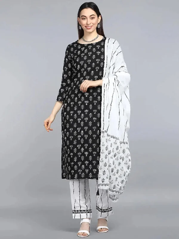 Ahika Women Black Cotton Printed Straight Kurta Pant Set-VKSKD1320_L Relaxed Lounge Trousers