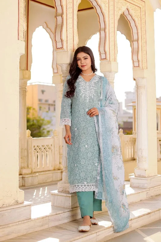 Vaasva Women Sky Blue Linen Floral Printed Kurta, Pant & Dupatta set Stylish Paperbag Waist Pants