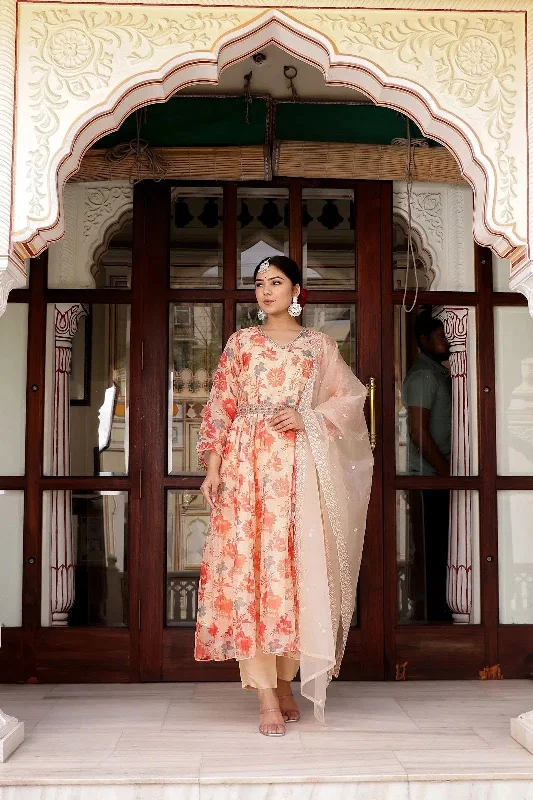 Vaasva Women Cream Organza Floral Print & Embroidered Anarkali Kurta, Pant & Dupatta set Comfortable Denim Pants