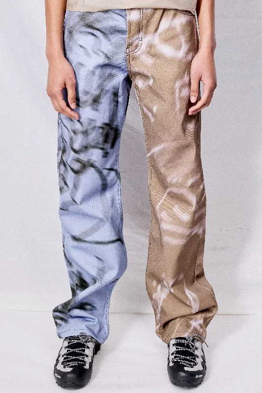 Blue and Beige Split Drawings Denim Pants Trendy High-Waist Trousers