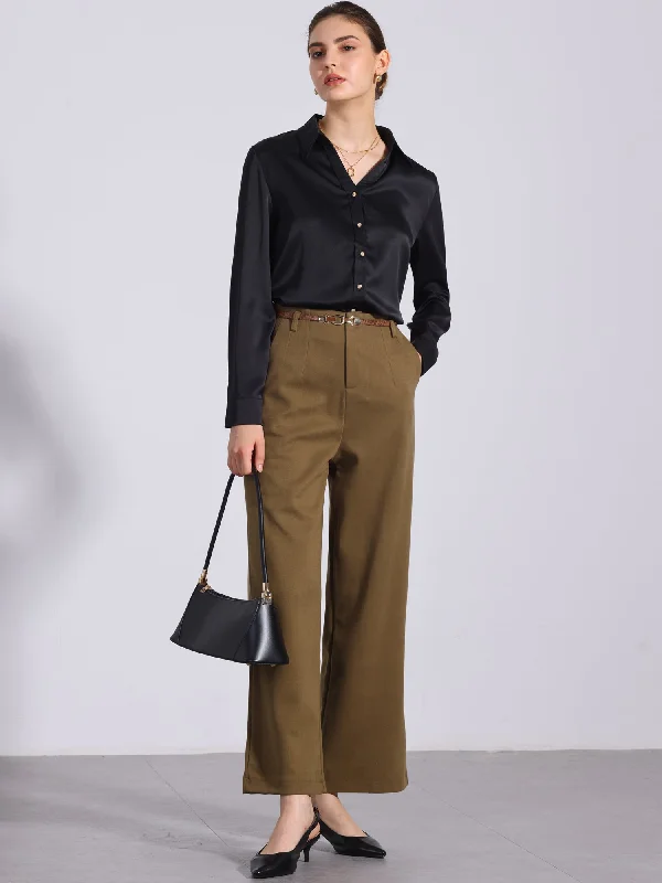 Wool Blend Wide Leg Zipper Pockets Belted Business Casual Pants Soft Stretch Pants