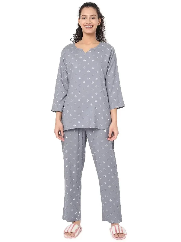 Smarty Pants Women's Cotton Pastel Grey Polka Dot Print Night Suit Elegant Trouser Pants