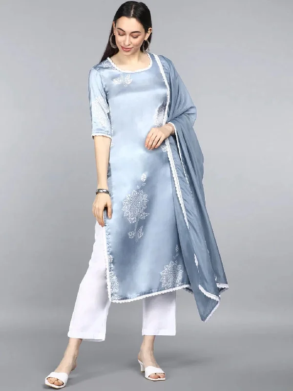 Ahika Women's Satin Printed Kurta Pant Dupatta Fashionable Jogger Pants