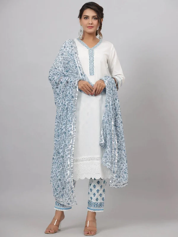 Juniper Women'S White Cotton Cambric Solid Kurta Floral Printed Pant & Dupatta Set Relaxed Casual Leggings