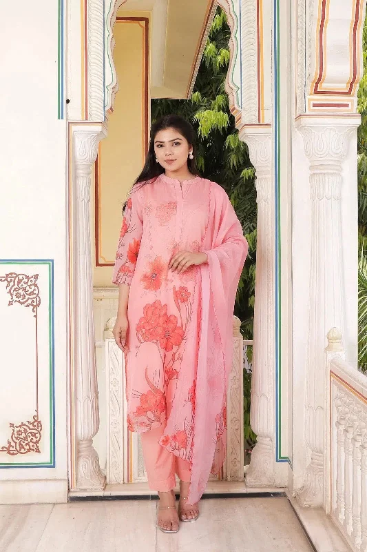 Vaasva Women Pink Tabby Slik Print & Embroidered Kurta, Pant & Dupatta set Trendy Wide-Leg Pants