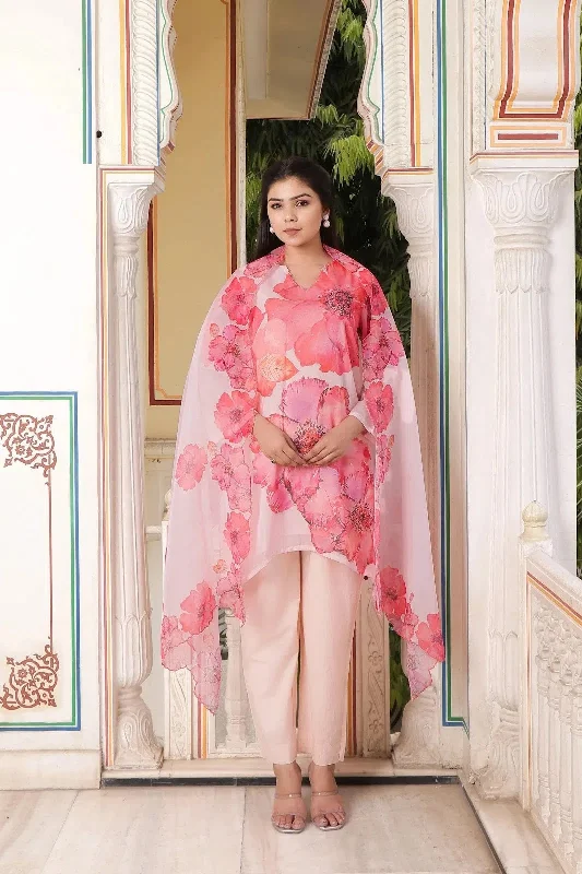 Vaasva Women Ivory Tabby Slik Print & Embroidered Kurta, Pant & Dupatta set Soft Cotton Pants