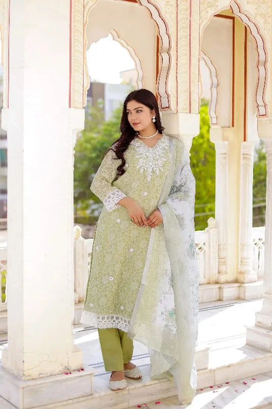 Vaasva Women Pista Green Linen Printed Kurta, Pant & Dupatta set Fashionable Tapered Leg Pants