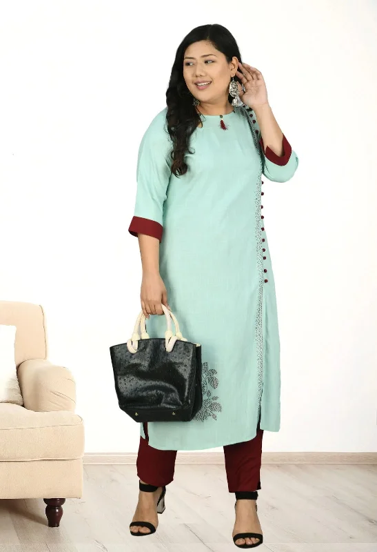 Plus Size Sea Green Kurta Pant Set High-Waist Jeans