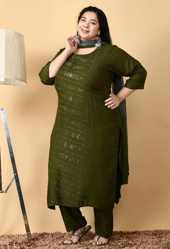Plus Size Festive Green Kurta Pant Set Classic Straight-Leg Pants