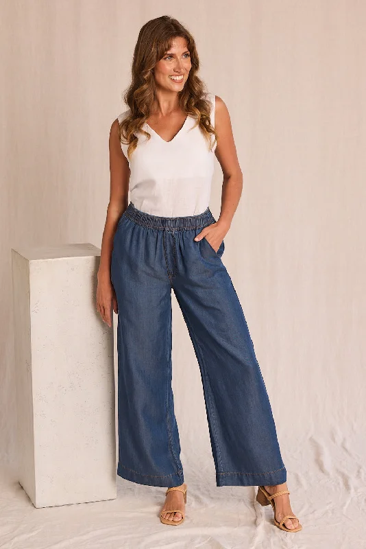 Breezy Regular Length Relaxed Tencel Pant in Mid Wash Stylish Elastic Waist Pants