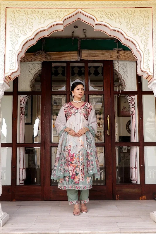 Vaasva Women Maroon Muslin Floral Printed Alia Cut Kurta, Pant & Dupatta set Comfortable Cargo Pants