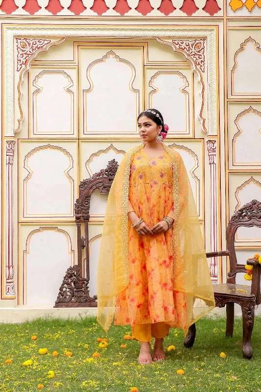 Vaasva Women Yellow Organza Floral Embroidered Anarkali Kurta, Pant & Dupatta set Cozy Maternity Pants