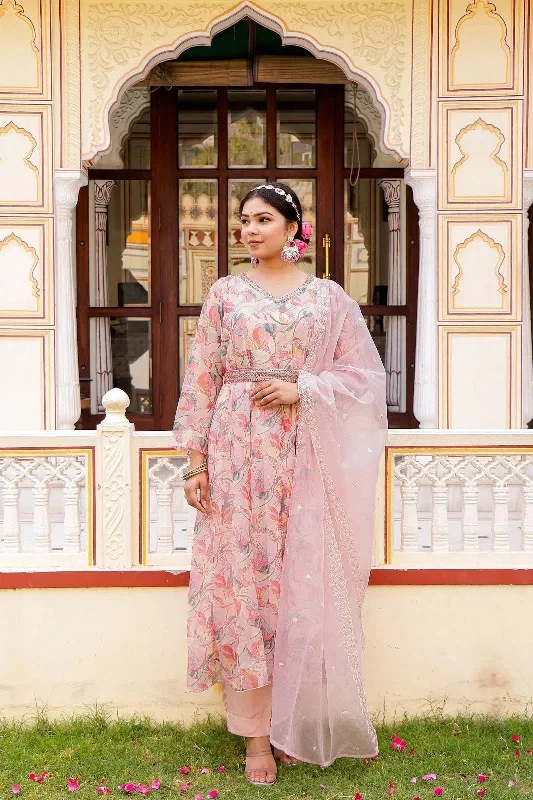 Vaasva Women White Organza Floral Print & Embroidered Anarkali Kurta, Pant & Dupatta set Comfortable Pleated Pants