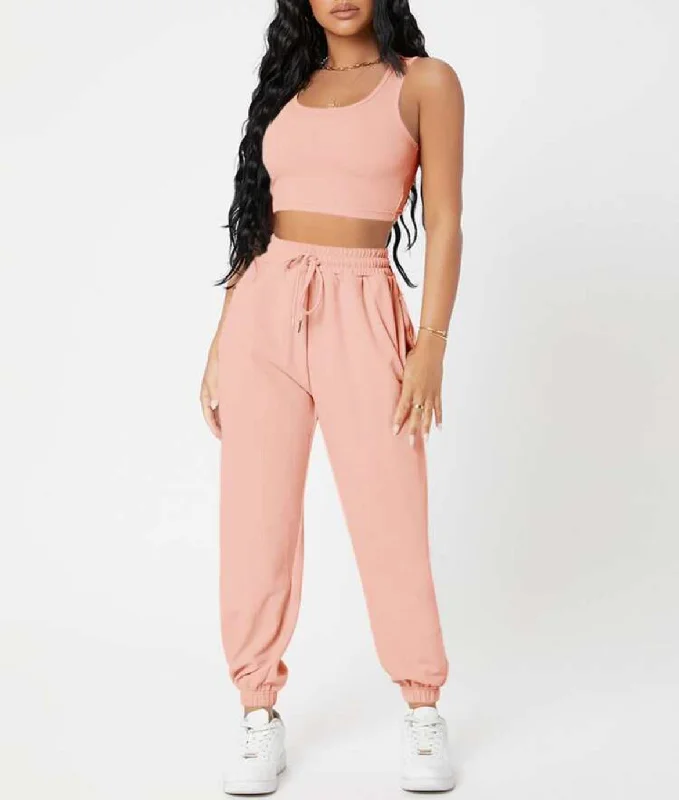 Women's Casual Basics Round Neck Knitted Top and High Waist Pants Outfit Set Modern Stretch Trousers