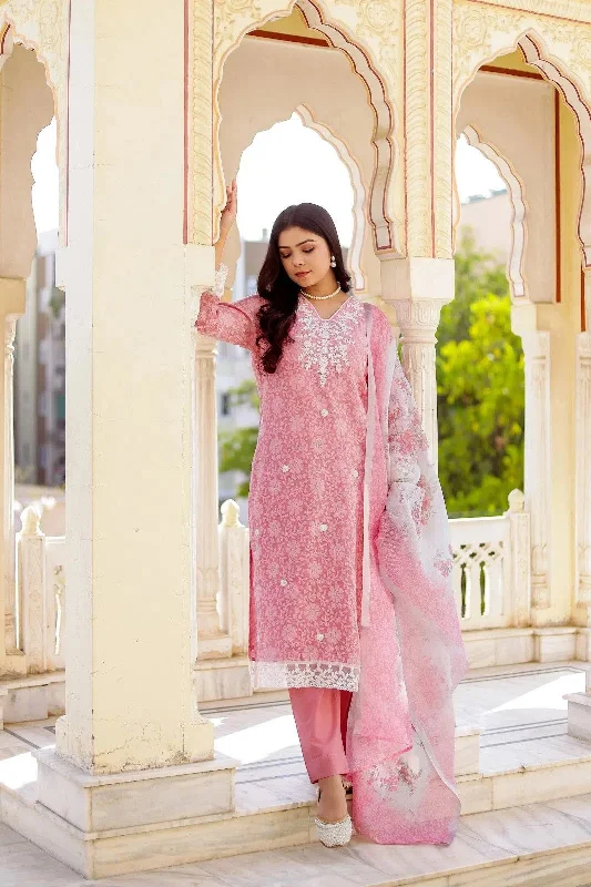 Vaasva Women Candy Pink Linen Printed Kurta, Pant & Dupatta set Comfortable Denim Leggings