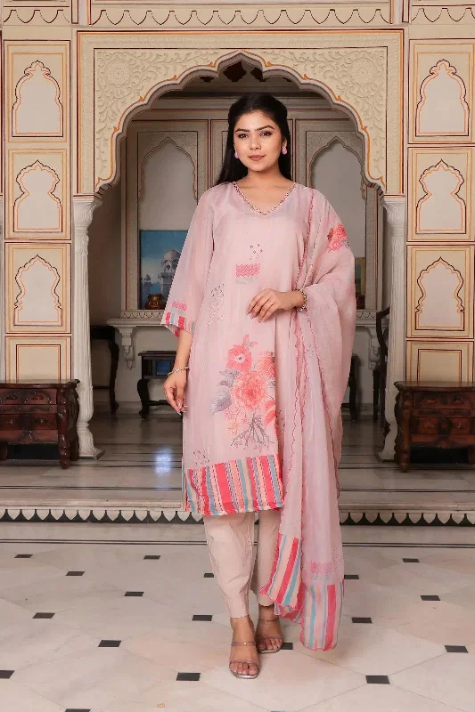 Vaasva Women Beige Tabby Slik Print & Embroidered Kurta, Pant & Dupatta set Trendy Printed Pants