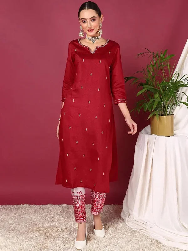 Ahika Women Red Silk Blend Embroidered Straight Kurta Pant Set Warm Wool Trousers